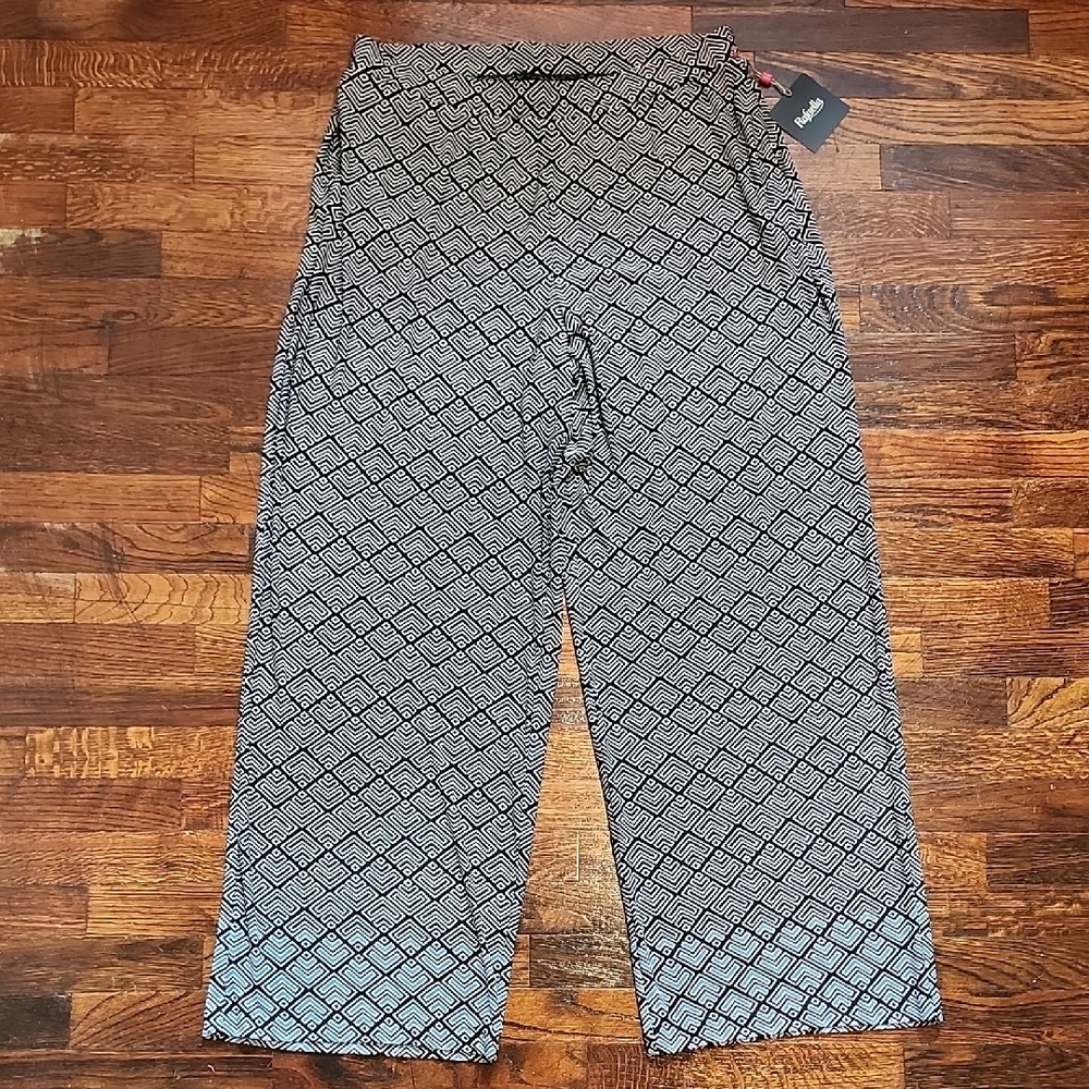 NWT Rafaella Black White Abstract Print Light Wide Leg Pants Resortwear Large